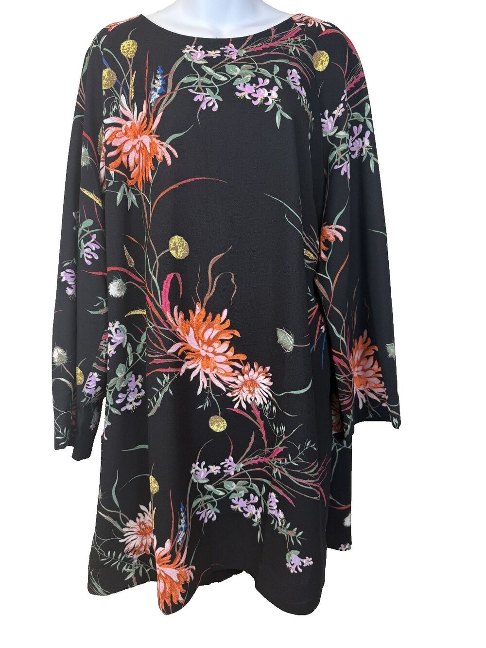 HM Floral Tunic Dress XL Black Orange Chrysanthemum Kimono Sleeve Oversized Mini